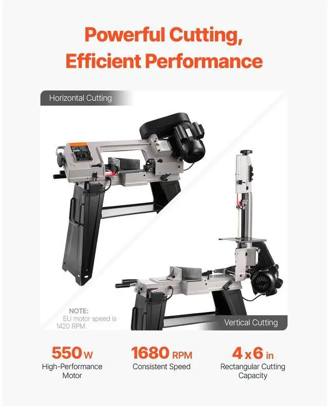 Alt view image 3 of 8 - VEVOR Metal Horizontal Band Saw, 4 in x 6 in Rectangular Cutting Capacity, 110V Metal Vertical Cutting Bandsaw with 550W Motor, 0-45° Angle Adjustment, Variable Speed, for Metal, Wood, and Plastic