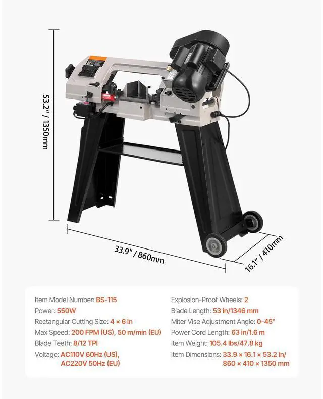 Alt view image 8 of 8 - VEVOR Metal Horizontal Band Saw, 4 in x 6 in Rectangular Cutting Capacity, 110V Metal Vertical Cutting Bandsaw with 550W Motor, 0-45° Angle Adjustment, Variable Speed, for Metal, Wood, and Plastic