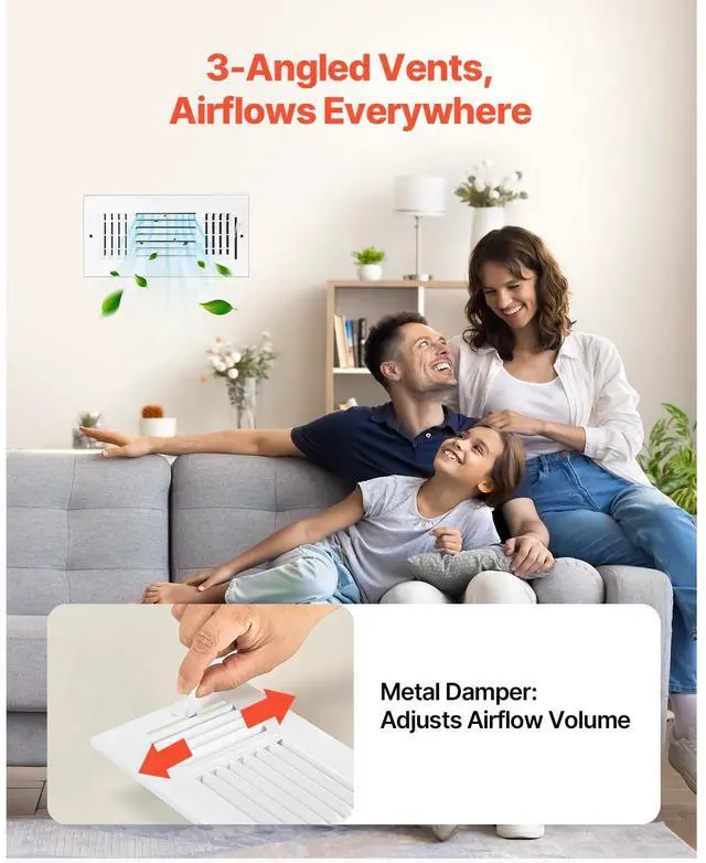 Alt view image 5 of 8 - VEVOR 4 x 10 Inch Floor Registers, 6-Pack Floor Vents, HVAC 3-Direction Iron Vent Grilles for Home/Office Wall & Ceiling, Rustproof Anti-Peeling Air Vents Deflector Adjustable with Metal Damper, White