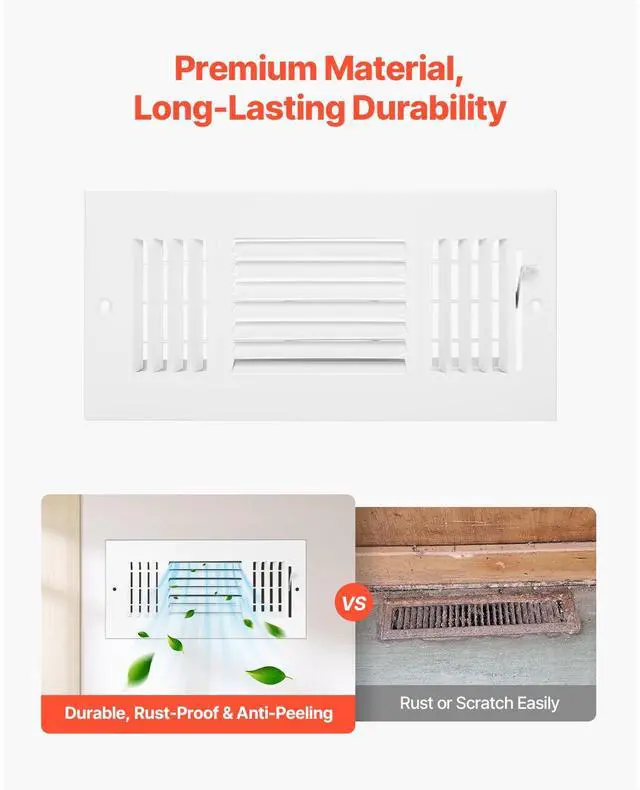 Alt view image 4 of 8 - VEVOR 4 x 10 Inch Floor Registers, 6-Pack Floor Vents, HVAC 3-Direction Iron Vent Grilles for Home/Office Wall & Ceiling, Rustproof Anti-Peeling Air Vents Deflector Adjustable with Metal Damper, White