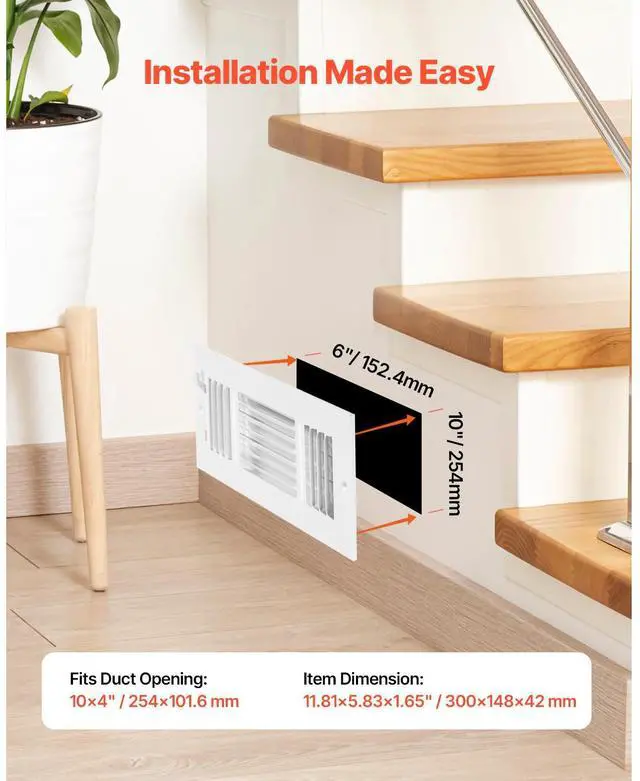 Alt view image 6 of 8 - VEVOR 4 x 10 Inch Floor Registers, 6-Pack Floor Vents, HVAC 3-Direction Iron Vent Grilles for Home/Office Wall & Ceiling, Rustproof Anti-Peeling Air Vents Deflector Adjustable with Metal Damper, White