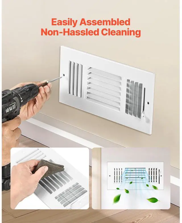 Alt view image 7 of 8 - VEVOR 4 x 10 Inch Floor Registers, 6-Pack Floor Vents, HVAC 3-Direction Iron Vent Grilles for Home/Office Wall & Ceiling, Rustproof Anti-Peeling Air Vents Deflector Adjustable with Metal Damper, White