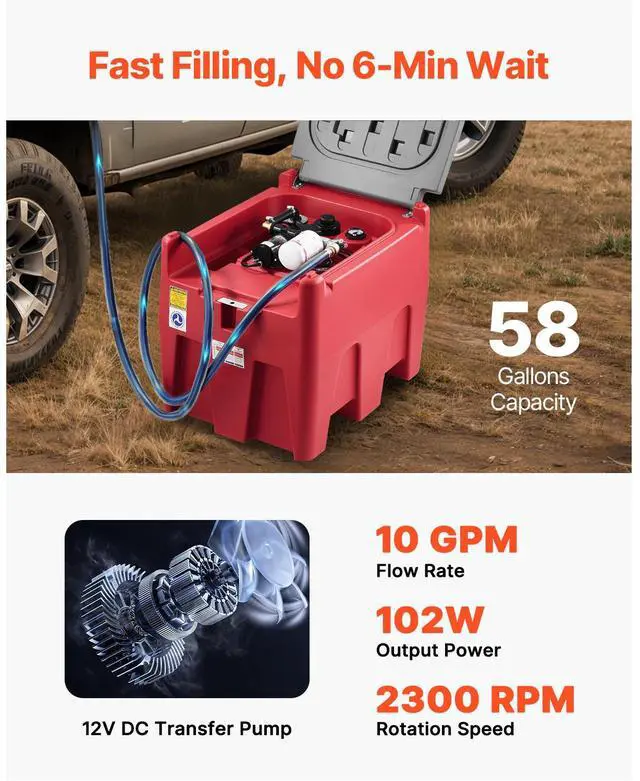 Alt view image 4 of 8 - VEVOR Portable Diesel & Gasoline Tank, 58 Gallon, 10 GPM Flow Rate, Diesel Fuel Tank with 12V Electric Transfer Pump, 13.1ft Hose, Auto Fueling Nozzle, Transfer Tank for Easy Fuel Transportation, Red