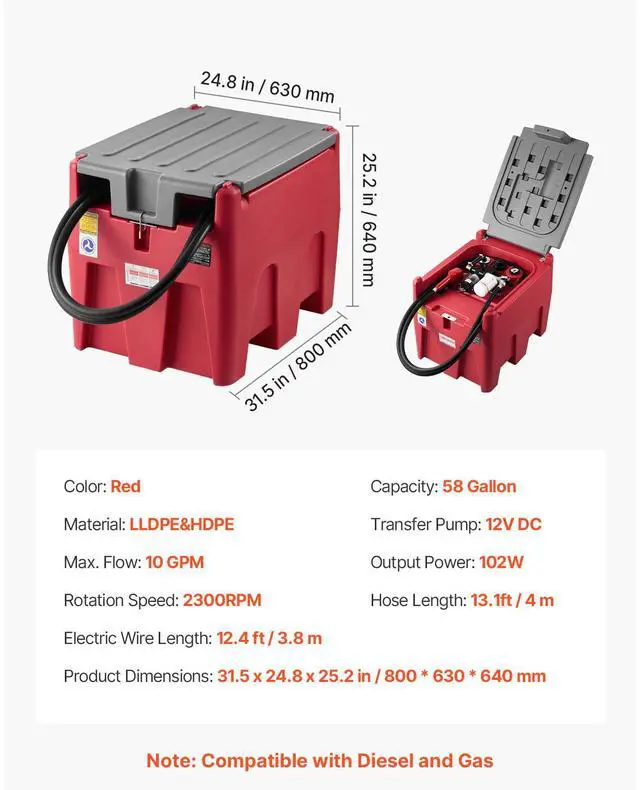 Alt view image 8 of 8 - VEVOR Portable Diesel & Gasoline Tank, 58 Gallon, 10 GPM Flow Rate, Diesel Fuel Tank with 12V Electric Transfer Pump, 13.1ft Hose, Auto Fueling Nozzle, Transfer Tank for Easy Fuel Transportation, Red