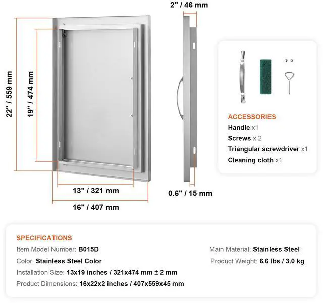 Alt view image 8 of 8 - VEVOR BBQ Access Door, 16W x 22H Inch Single Outdoor Kitchen Door, Stainless Steel Flush Mount Door, Wall Vertical Door with Handle, for BBQ Island, Grilling Station, Outside Cabinet