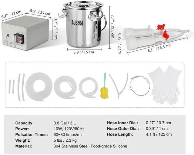 Alt view image 9 of 9 - VEVOR Goat Milking Machine, 3 L 304 Stainless Steel Bucket, Electric Automatic Pulsation Vacuum Milker, Portable Milker with Food-grade Silicone Cups and Tubes, Adjustable Suction for Sheep