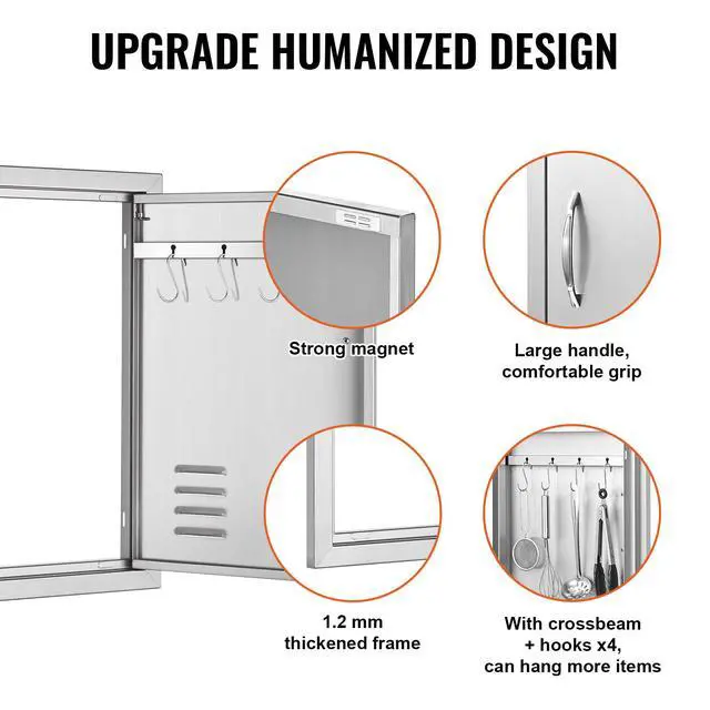 Alt view image 6 of 8 - VEVOR BBQ Access Door, 17W x 24H Inch Single Outdoor Kitchen Door, Stainless Steel Flush Mount Door, Wall Vertical Door with Handle, Vents and Hook, for BBQ Island, Grilling Station, Outside Cabinet