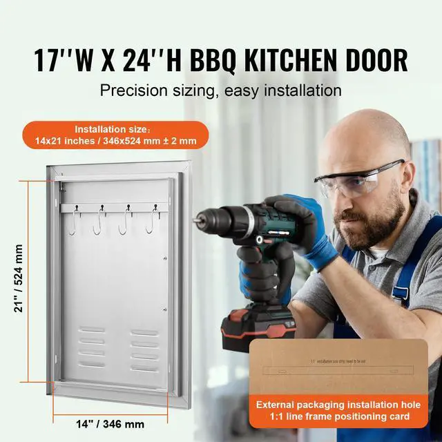Alt view image 3 of 8 - VEVOR BBQ Access Door, 17W x 24H Inch Single Outdoor Kitchen Door, Stainless Steel Flush Mount Door, Wall Vertical Door with Handle, Vents and Hook, for BBQ Island, Grilling Station, Outside Cabinet