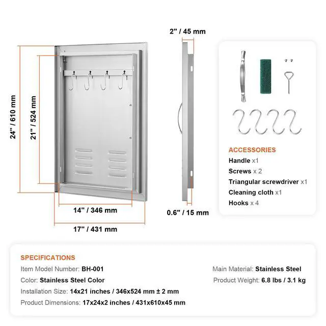 Alt view image 8 of 8 - VEVOR BBQ Access Door, 17W x 24H Inch Single Outdoor Kitchen Door, Stainless Steel Flush Mount Door, Wall Vertical Door with Handle, Vents and Hook, for BBQ Island, Grilling Station, Outside Cabinet