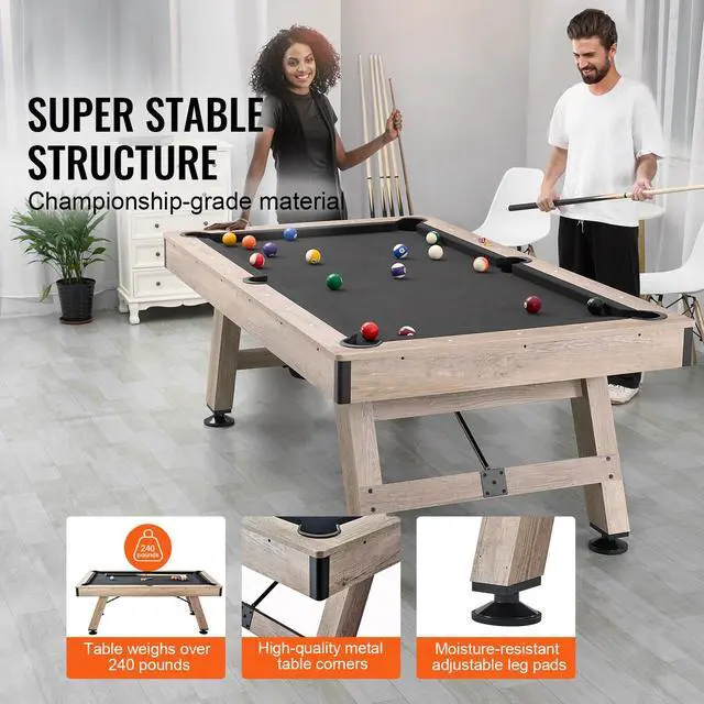 Alt view image 3 of 8 - VEVOR Billiards Table, 7 ft Pool Table, Adjust Legs Stable Billiards Table, Pool Table Set Includes Balls, Cues, Chalks and Brush, Wood Color with Black Cloth, Perfect for Family Game Room Kids Adults
