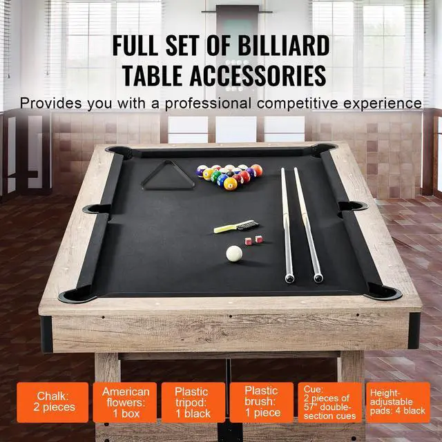 Alt view image 5 of 8 - VEVOR Billiards Table, 7 ft Pool Table, Adjust Legs Stable Billiards Table, Pool Table Set Includes Balls, Cues, Chalks and Brush, Wood Color with Black Cloth, Perfect for Family Game Room Kids Adults