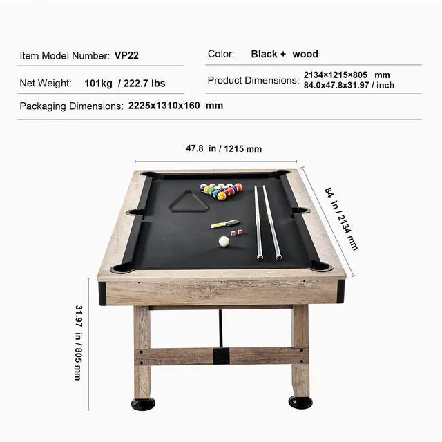 Alt view image 8 of 8 - VEVOR Billiards Table, 7 ft Pool Table, Adjust Legs Stable Billiards Table, Pool Table Set Includes Balls, Cues, Chalks and Brush, Wood Color with Black Cloth, Perfect for Family Game Room Kids Adults