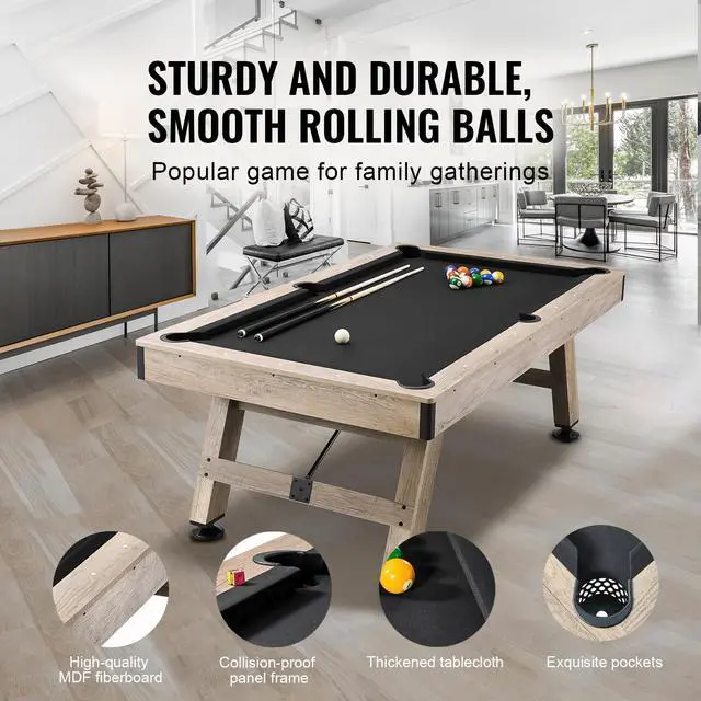 Alt view image 4 of 8 - VEVOR Billiards Table, 7 ft Pool Table, Adjust Legs Stable Billiards Table, Pool Table Set Includes Balls, Cues, Chalks and Brush, Wood Color with Black Cloth, Perfect for Family Game Room Kids Adults