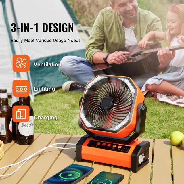 Alt view image 9 of 14 - VEVOR Portable Fan Rechargeable 9 inch, Battery Powered Fan with LED Lantern, 4 Speeds Adjustable & 45°/90°Automatic Swivel & Timer , USB Battery Operated Fans for Travel Bedroom Home Camping Office