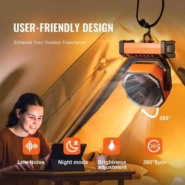 Alt view image 12 of 14 - VEVOR Portable Fan Rechargeable 9 inch, Battery Powered Fan with LED Lantern, 4 Speeds Adjustable & 45°/90°Automatic Swivel & Timer , USB Battery Operated Fans for Travel Bedroom Home Camping Office