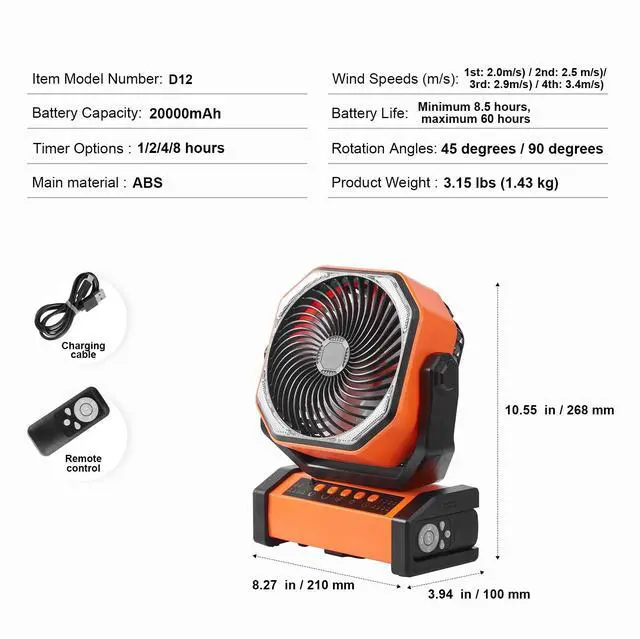 Alt view image 14 of 14 - VEVOR Portable Fan Rechargeable 9 inch, Battery Powered Fan with LED Lantern, 4 Speeds Adjustable & 45°/90°Automatic Swivel & Timer , USB Battery Operated Fans for Travel Bedroom Home Camping Office