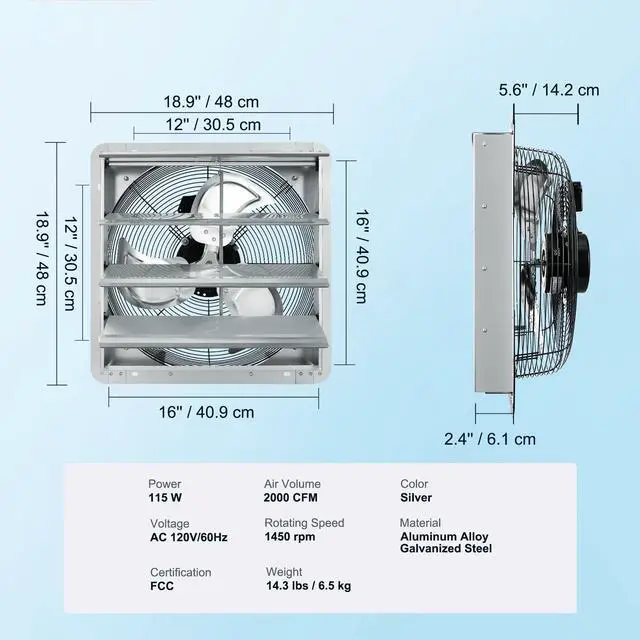 Alt view image 16 of 16 - VEVOR Shutter Exhaust Fan, 16'' with Speed Controller, AC-motor, 2000 CFM, No Assembly Required Wall Mount Attic Fan, Ventilation and Cooling for Greenhouses, Garages, Sheds, FCC Listed