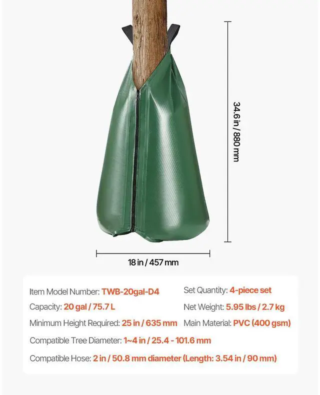 Alt view image 14 of 14 - VEVOR Tree Watering Bag Slow Release 4 Pack 20 Gallons, Water Bags for Trees, Refillable Tree Drip Irrigation Bags with Zipper, Durable Tree Watering System for Deep Root Targeting