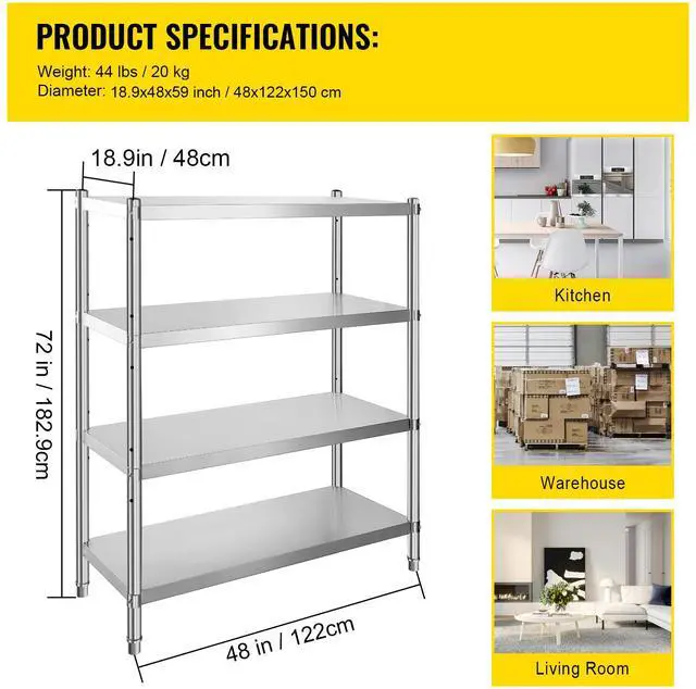 Alt view image 7 of 7 - Stainless Steel Shelving 46.8x18.5 Inch 4 Tier Adjustable Shelf Storage Unit Stainless Steel Heavy Duty Shelving for Kitchen Commercial Office Garage Storage 330lb Per Shelf