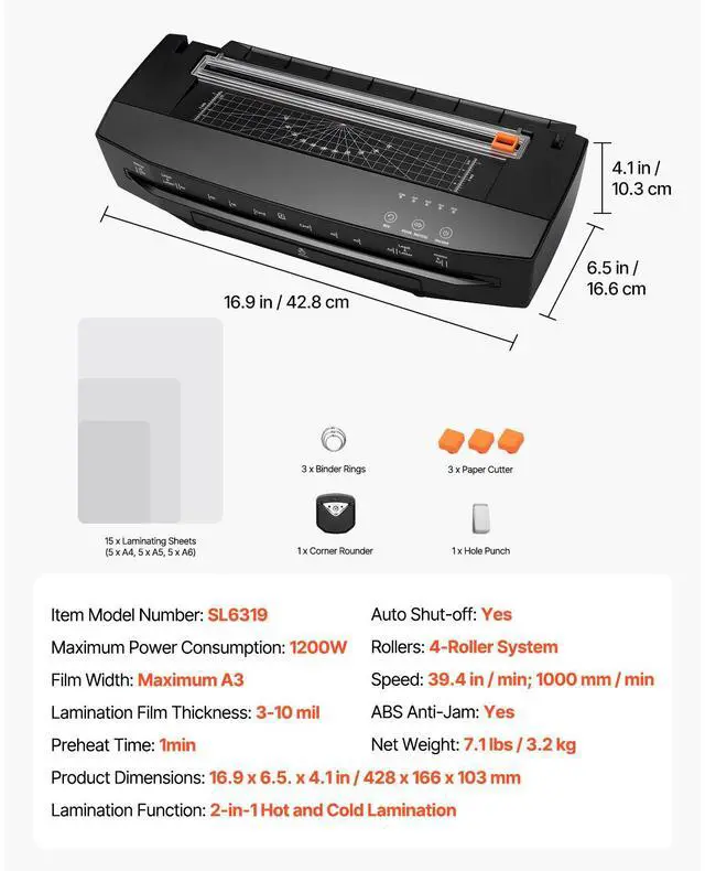 Alt view image 14 of 14 - VEVOR Laminator Machine, Cold and Hot Laminator for Max A3 Paper Size, 1 min Quick Warm Portable Laminator, 3-10 mil Thickness, Ideal for Home, Office, Business, or School Supplies, Black