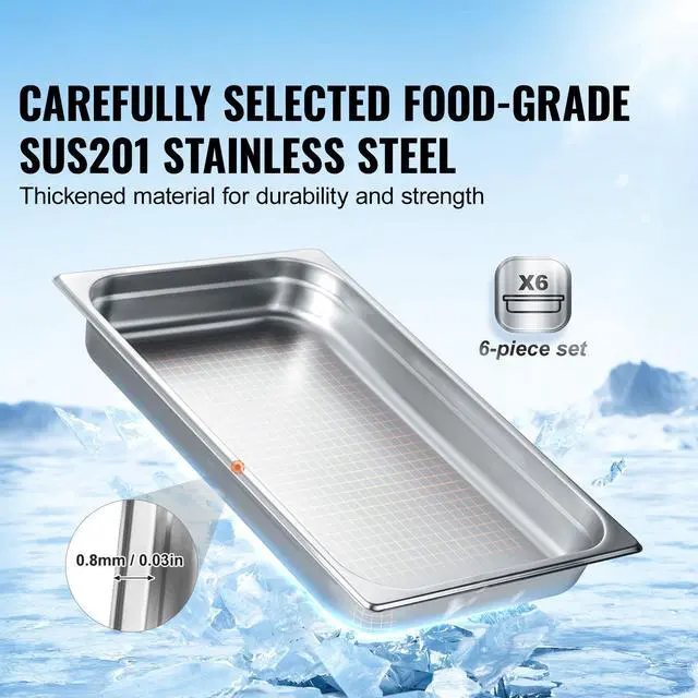 Alt view image 9 of 14 - VEVOR 6 Pack Hotel Pans, Full Size Anti-Jam Steam Pan, 0.8mm Thick Stainless Steel Restaurant Steam Table Pan, 2.5-Inch Deep Commercial Table Pan, Catering Storage Food Pan, for Industrial & Scientifi