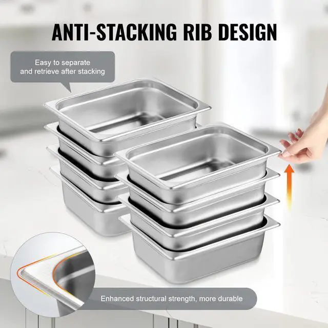 Alt view image 11 of 14 - VEVOR 8 Pack Hotel Pans, 1/2 Size Anti-Jam Steam Pan with Lid, 0.8mm Thick Stainless Steel Steam Table Pan, 4-Inch Deep Commercial Table Pan, Catering Storage Food Pan, for Industrial & Scientific