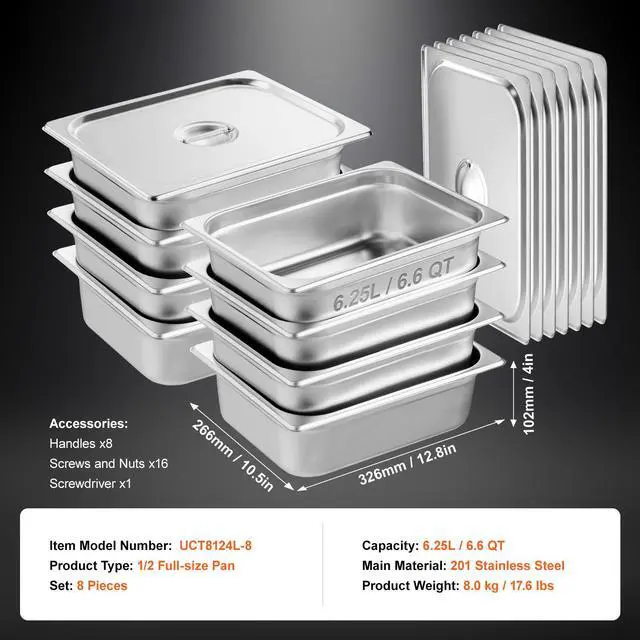 Alt view image 14 of 14 - VEVOR 8 Pack Hotel Pans, 1/2 Size Anti-Jam Steam Pan with Lid, 0.8mm Thick Stainless Steel Steam Table Pan, 4-Inch Deep Commercial Table Pan, Catering Storage Food Pan, for Industrial & Scientific