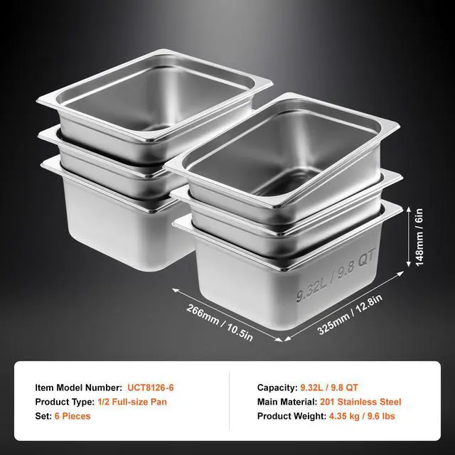 Alt view image 14 of 14 - VEVOR 6 Pack Hotel Pans, 1/2 Size Anti-Jam Steam Pan, 0.8mm Thick Stainless Steel Restaurant Steam Table Pan, 6-Inch Deep Commercial Table Pan, Catering Storage Food Pan, for Industrial & Scientific