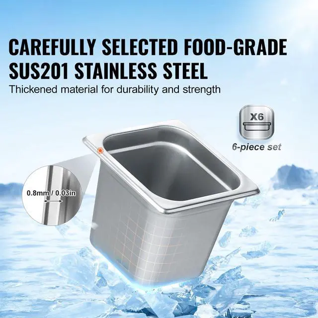 Alt view image 3 of 8 - VEVOR 6 Pack Hotel Pans, 1/6  Size Anti-Jam Steam Pan, 0.8mm Thick Stainless Steel Restaurant Steam Table Pan, 6-Inch Deep Commercial Table Pan, Catering Storage Food Pan, for Industrial & Scientific
