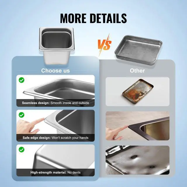 Alt view image 7 of 8 - VEVOR 6 Pack Hotel Pans, 1/6  Size Anti-Jam Steam Pan, 0.8mm Thick Stainless Steel Restaurant Steam Table Pan, 6-Inch Deep Commercial Table Pan, Catering Storage Food Pan, for Industrial & Scientific