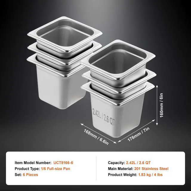Alt view image 8 of 8 - VEVOR 6 Pack Hotel Pans, 1/6  Size Anti-Jam Steam Pan, 0.8mm Thick Stainless Steel Restaurant Steam Table Pan, 6-Inch Deep Commercial Table Pan, Catering Storage Food Pan, for Industrial & Scientific