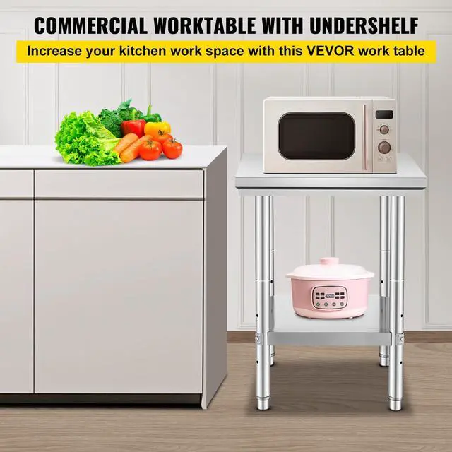 Alt view image 2 of 7 - Stainless Steel Prep Table, 24 x 24 x 31 Inch, 700 lbs Load Capacity, Heavy Duty Metal Worktable with 3 Adjustable Height Levels, Commercial Workstation for Kitchen Garage Restaurant Backyard