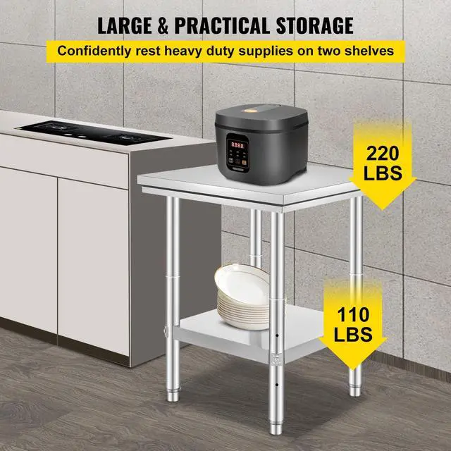 Alt view image 4 of 7 - Stainless Steel Prep Table, 24 x 24 x 31 Inch, 700 lbs Load Capacity, Heavy Duty Metal Worktable with 3 Adjustable Height Levels, Commercial Workstation for Kitchen Garage Restaurant Backyard