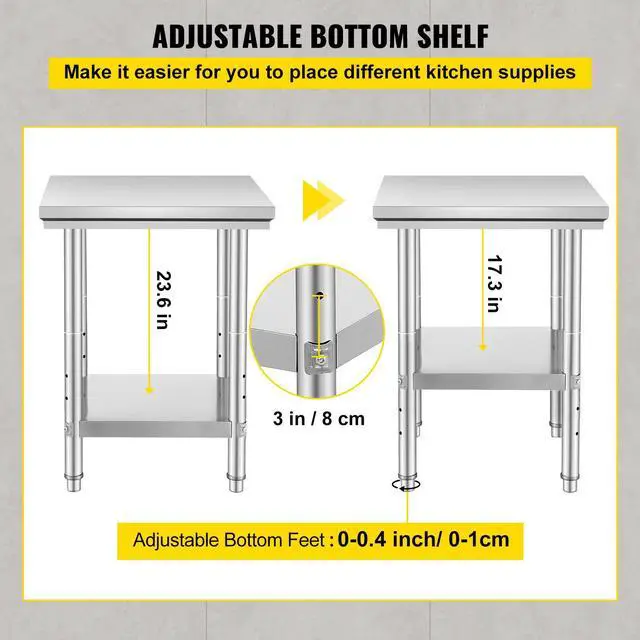 Alt view image 5 of 7 - Stainless Steel Prep Table, 24 x 24 x 31 Inch, 700 lbs Load Capacity, Heavy Duty Metal Worktable with 3 Adjustable Height Levels, Commercial Workstation for Kitchen Garage Restaurant Backyard