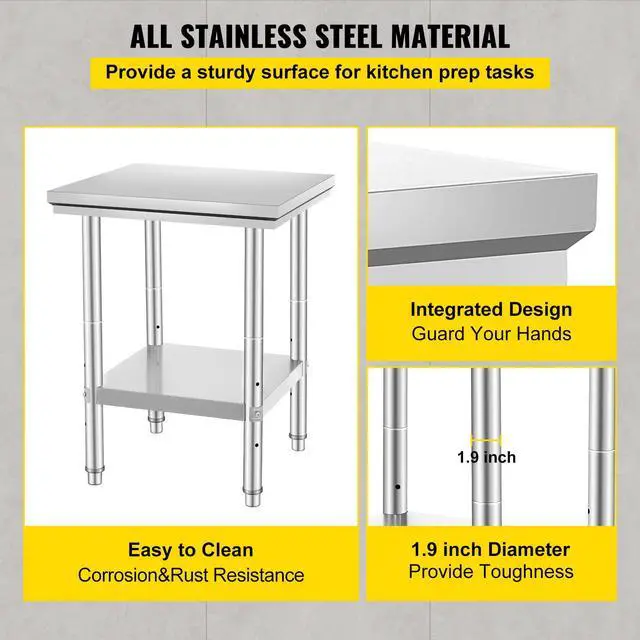 Alt view image 3 of 7 - Stainless Steel Prep Table, 24 x 24 x 31 Inch, 700 lbs Load Capacity, Heavy Duty Metal Worktable with 3 Adjustable Height Levels, Commercial Workstation for Kitchen Garage Restaurant Backyard