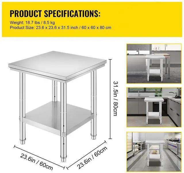 Alt view image 7 of 7 - Stainless Steel Prep Table, 24 x 24 x 31 Inch, 700 lbs Load Capacity, Heavy Duty Metal Worktable with 3 Adjustable Height Levels, Commercial Workstation for Kitchen Garage Restaurant Backyard
