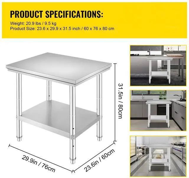Alt view image 7 of 7 - Stainless Steel Prep Table, 24 x 30 x 31 Inch, 700 lbs Load Capacity, Heavy Duty Metal Worktable with 3 Adjustable Height Levels, Commercial Workstation for Kitchen Garage Restaurant Backyard