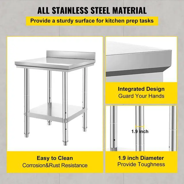 Alt view image 3 of 7 - 24 x 24 x 35 Inch Stainless Steel Work Table, Commercial Food Prep Worktable Heavy Duty Prep Worktable, Metal Work Table with Adjustable Height for Restaurant, Home and Hotel