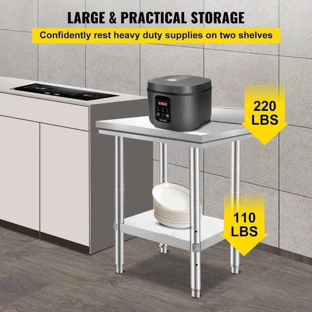 Alt view image 4 of 7 - 24 x 24 x 35 Inch Stainless Steel Work Table, Commercial Food Prep Worktable Heavy Duty Prep Worktable, Metal Work Table with Adjustable Height for Restaurant, Home and Hotel