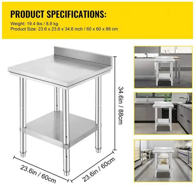 Alt view image 7 of 7 - 24 x 24 x 35 Inch Stainless Steel Work Table, Commercial Food Prep Worktable Heavy Duty Prep Worktable, Metal Work Table with Adjustable Height for Restaurant, Home and Hotel