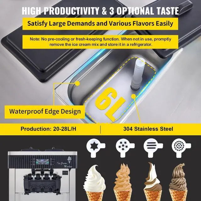 Alt view image 3 of 7 - Commercial Ice Cream Machine 5.3 to 7.4Gal per Hour Soft Serve with LED Display Auto Clean 3 Flavors Perfect for Restaurants Snack Bar, 2200W, Sliver
