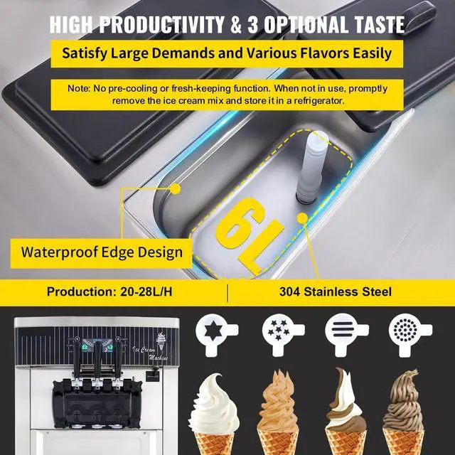 Alt view image 3 of 7 - Commercial Soft Ice Cream Machine, 2200W Serve Yogurt Maker, 3 Flavors Ice Cream Maker, 5.3 to 7.4 Gallons per Hour Auto Clean LCD Panel for Restaurants Snack Bars, Stainless Steel