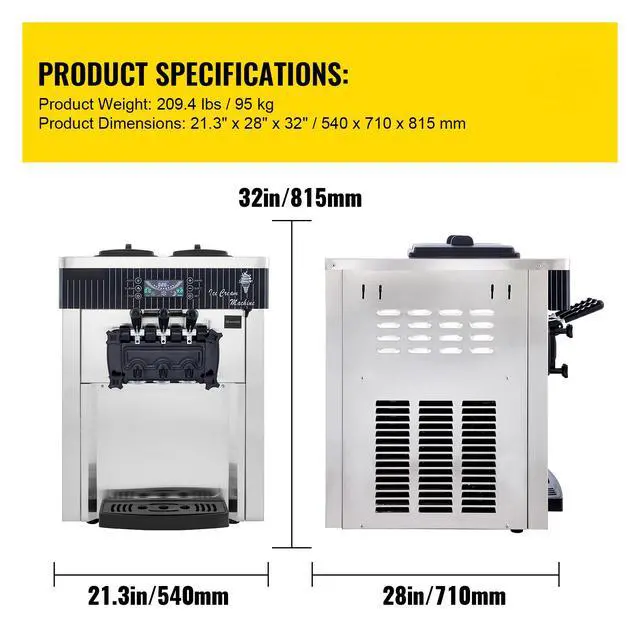 Alt view image 7 of 7 - Commercial Ice Cream Machine 5.3 to 7.4Gal per Hour Soft Serve with LED Display Auto Clean 3 Flavors Perfect for Restaurants Snack Bar, 2200W, Sliver