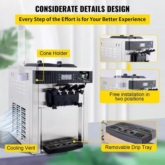 Alt view image 6 of 7 - Commercial Ice Cream Machine 5.3 to 7.4Gal per Hour Soft Serve with LED Display Auto Clean 3 Flavors Perfect for Restaurants Snack Bar, 2200W, Sliver