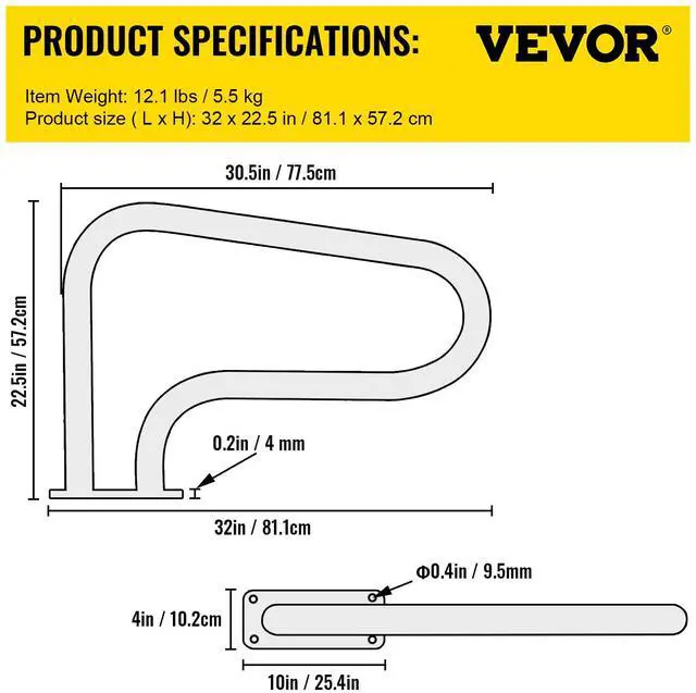 Alt view image 8 of 8 - VEVOR Pool Handrail, 32 x 22.5 Swimming Pool Stair Rail, 304 Stainless Steel Stair Pool Hand Rail Rated 375lbs Load Capacity, Pool Rail with Quick Mount Base Plate, and Complete Mounting Accessories