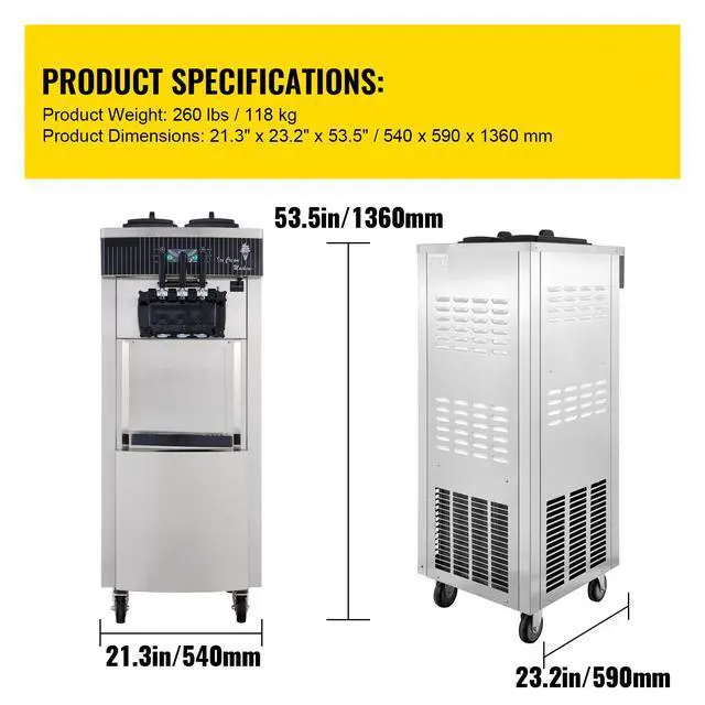 Alt view image 7 of 7 - Commercial Soft Ice Cream Machine, 2200W Serve Yogurt Maker, 3 Flavors Ice Cream Maker, 5.3 to 7.4 Gallons per Hour Auto Clean LCD Panel for Restaurants Snack Bars, Stainless Steel