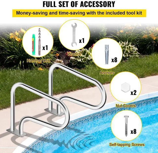 Alt view image 7 of 8 - VEVOR Pool Handrail, 32 x 22.5 Swimming Pool Stair Rail, 304 Stainless Steel Stair Pool Hand Rail Rated 375lbs Load Capacity, Pool Rail with Quick Mount Base Plate, and Complete Mounting Accessories