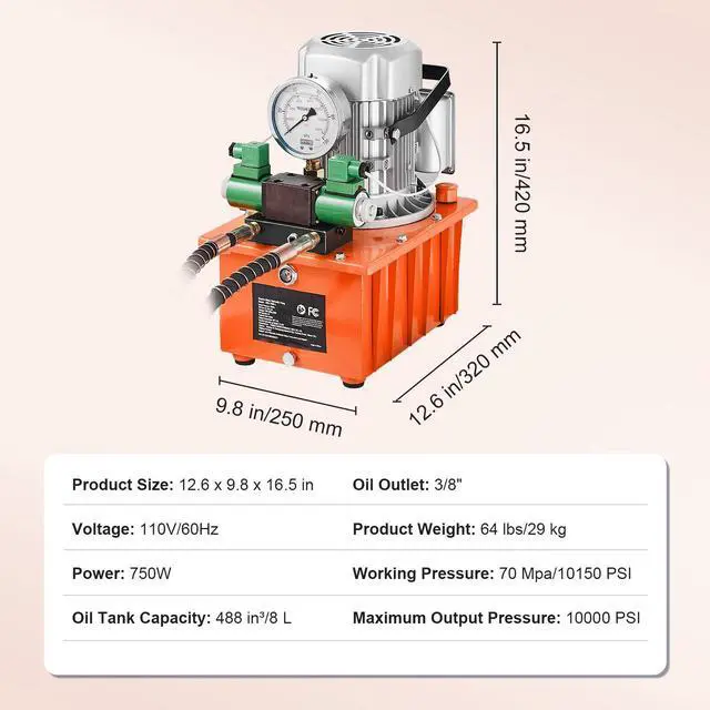 Alt view image 15 of 15 - VEVOR Electric Hydraulic Pump, 10000 PSI 750W 110V 488 in/8L Capacity, Double Acting Solenoid Valve, Electric Driven Hydraulic Pump Power Pack Unit with Pedal Switch for Punching/Bending/Jack Machine
