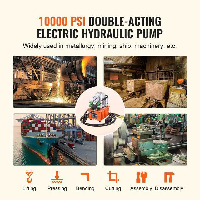 Alt view image 14 of 15 - VEVOR Electric Hydraulic Pump, 10000 PSI 750W 110V 488 in/8L Capacity, Double Acting Solenoid Valve, Electric Driven Hydraulic Pump Power Pack Unit with Pedal Switch for Punching/Bending/Jack Machine