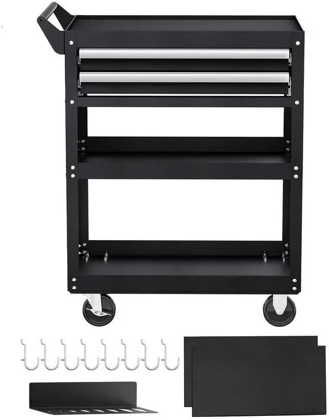 Alt view image 2 of 8 - VEVOR 5-Tier Tool Cart with Wheels, 400 lbs Load Capacity, Rolling Work Cart with 2 Drawers & Pegboard, Mechanic Tool Storage Organizer with Locking System for Garage, Warehouse and Repair Shop, Black